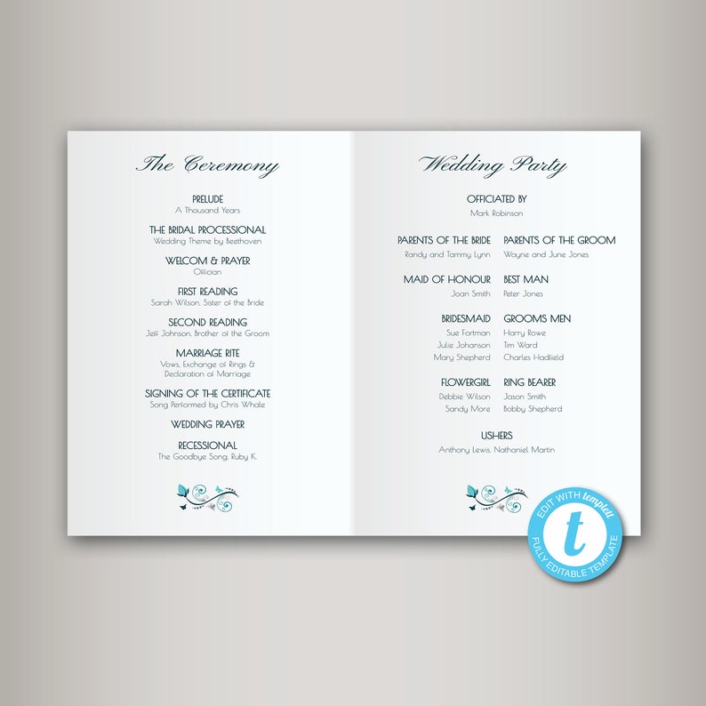 May include: A wedding ceremony programme with a blue and white colour scheme. The programme lists the order of events for the ceremony and the names of the wedding party members. The text "The Ceremony" and "Wedding Party" are in a decorative script font.