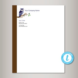 Membrete de búho, Plantilla de membrete, Membrete personalizado de bricolaje, Membrete personalizado, Membrete de negocios, Papelería de bricolaje, Papelería personalizada