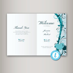 May include: A wedding invitation featuring a teal and silver floral design. The text reads "Welcome to the Wedding of Jessica and Robert, Saturday September 12, 2025, Snohomish, Washington".