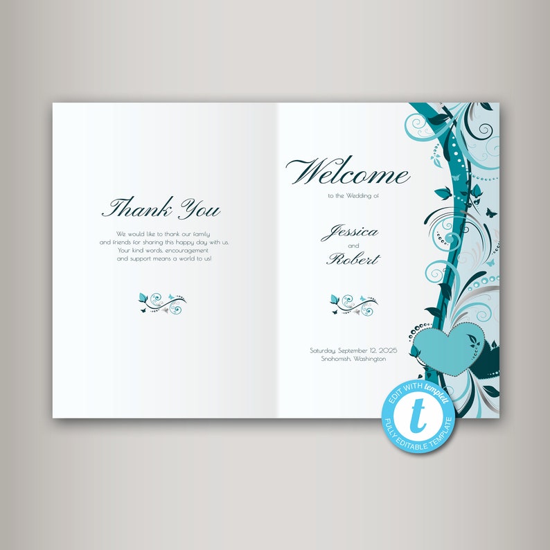 May include: A wedding invitation featuring a teal and silver floral design. The text reads "Welcome to the Wedding of Jessica and Robert, Saturday September 12, 2025, Snohomish, Washington".