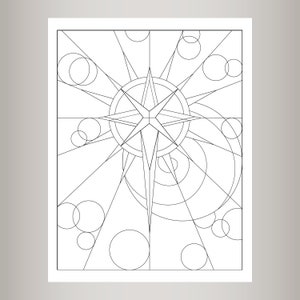 May include: A black and white line art illustration of a star with a geometric design. The star is surrounded by circles and lines, creating a stained glass effect.
