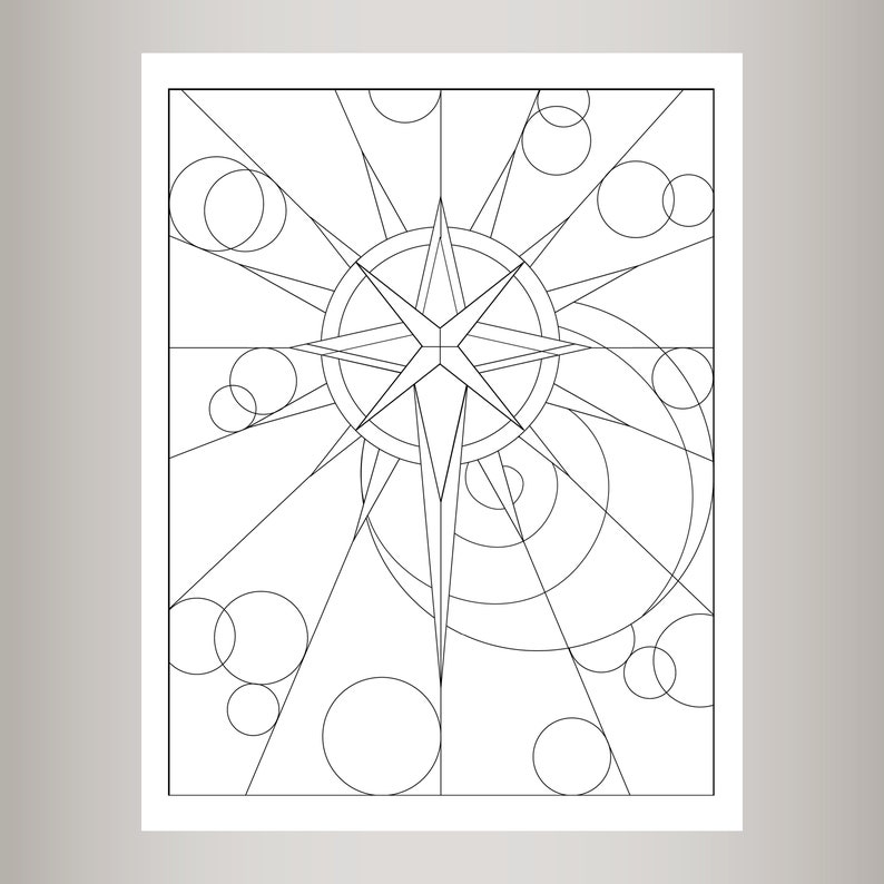 May include: A black and white line art illustration of a star with a geometric design. The star is surrounded by circles and lines, creating a stained glass effect.