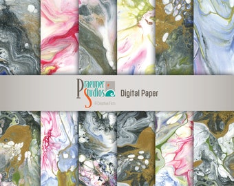Marble Digital Paper | Gray & Gold Highlighted By Pink Green And Blue Swirls | Marbleized Photo Backdrop | Abstract Journal Background