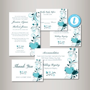 May include: Wedding invitation suite with a teal and gray floral design. The invitation features a large teal heart with a white background. The text on the invitation reads "Jessica Lynn and Robert Jones".