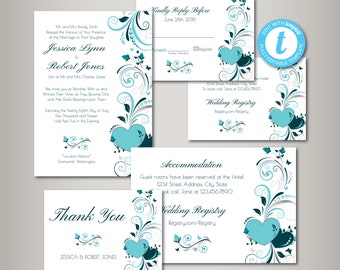 Wedding Invitation Suite, Wedding Invite Heart Floral, Template, Cheap Invitation, Printable Wedding Invite Set, DIY, PDF Instant Download