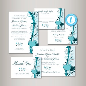 Turquoise Wedding Invitations, Wedding Invitation Set, Wedding Invite Heart Floral, Template, Printable Wedding Invite Set, Instant Download
