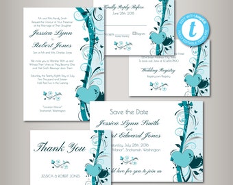Turquoise Wedding Invitations, Wedding Invitation Set, Wedding Invite Heart Floral, Template, Printable Wedding Invite Set, Instant Download