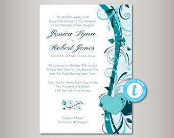 Wedding Invitation, Teal Wedding Invite Template, Turquoise Wedding Invitation, Printable Wedding Invite, DIY, PDF Instant Download