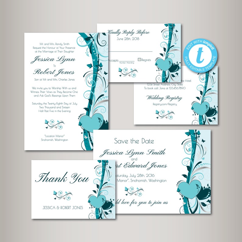 May include: Wedding invitation suite featuring a teal and silver floral design. The invitation includes the names Jessica Lynn and Robert Jones, the date 28th July 2016, and the location Manor, Snohomish, Washington. The RSVP card features a teal heart design and the text "Kindly Reply Before 28th June 2018".