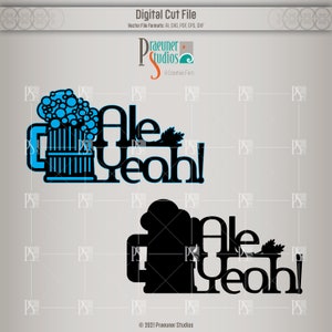 May include: Black and blue digital cut file design of a beer mug with foam and the text "Ale Yeah!" in a bold font.