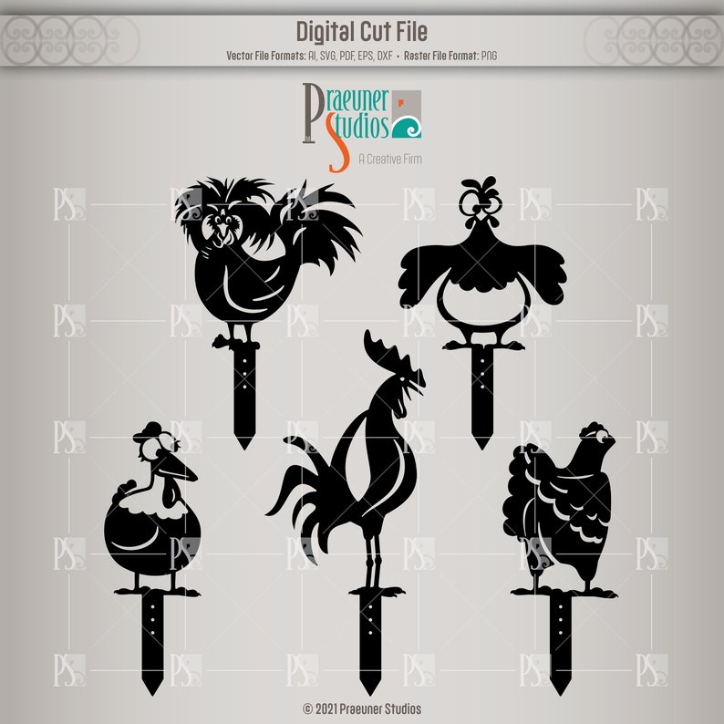 May include: Five black silhouette cut files of chickens and roosters. The files are for digital download and can be used for crafting, cutting, and other creative projects.