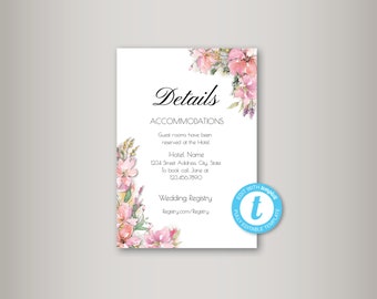 Wedding Details Card, Pink Wedding Details Card, Template, Floral Details Card, Printable Wedding Details Card, DIY, PDF Instant Download