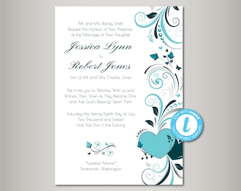 Wedding Invitation, Turquoise Wedding Invite Template, Teal Wedding Invitation, Printable Wedding Invite, DIY, PDF Instant Download