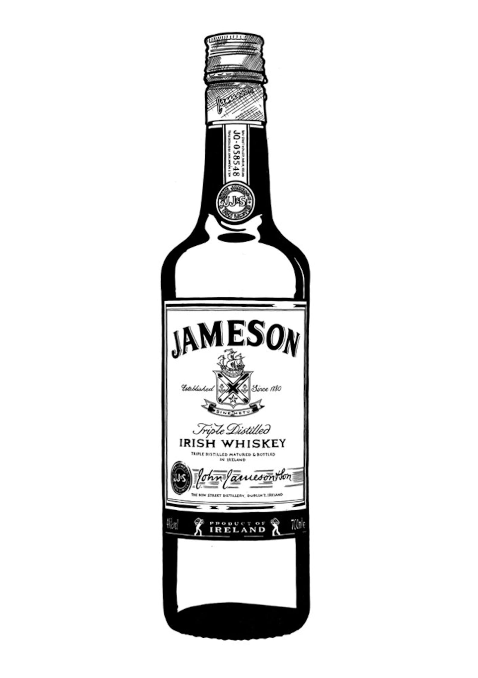 Jameson Whiskey Bottle Handdrawn Illustration A3 Art Print free UK