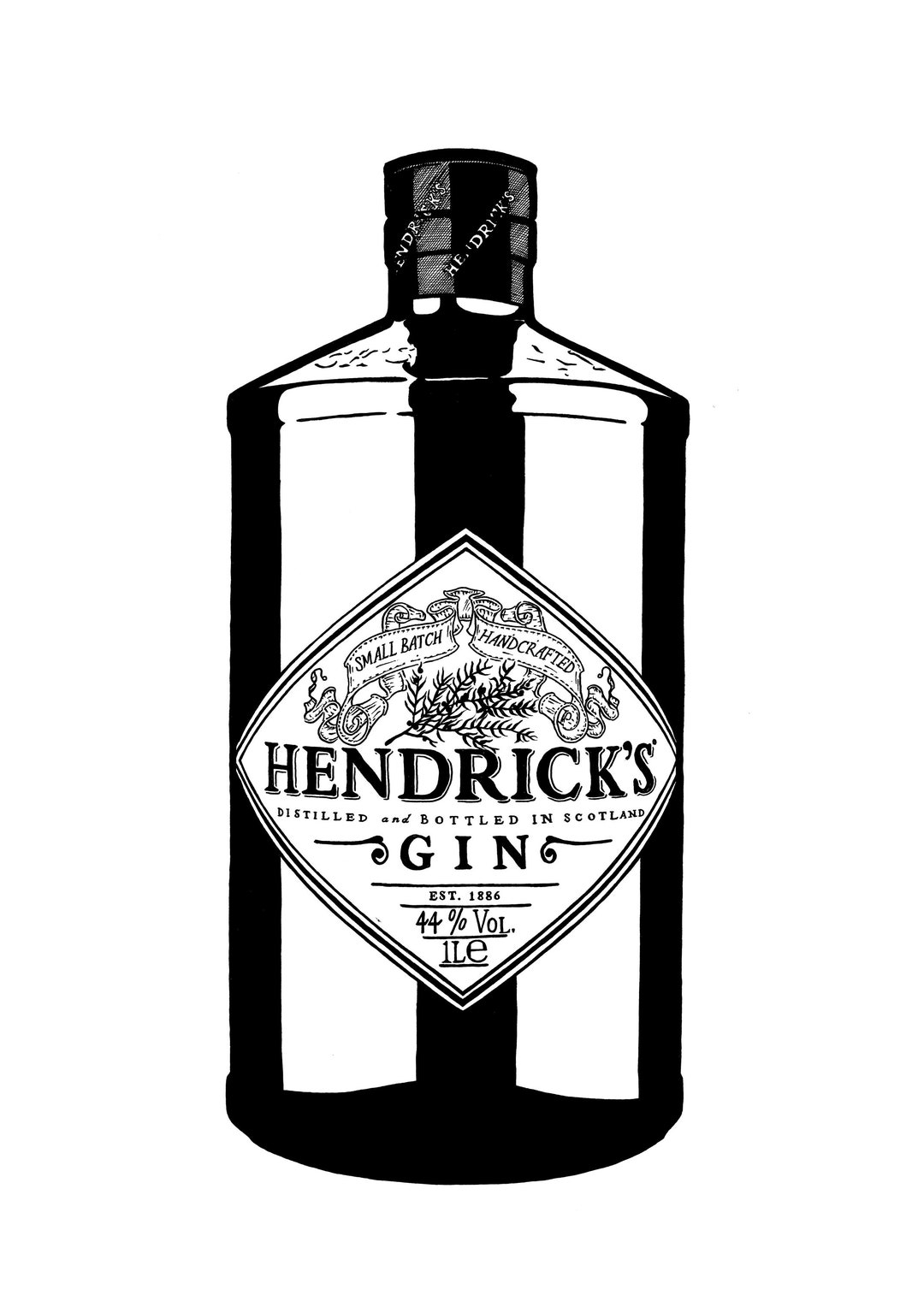 Hendrick's Gin Bottle Hand-drawn Illustration A3 Art Print free UK