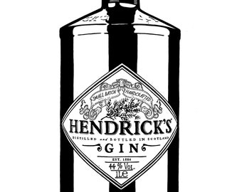 Hendrick's Gin bottle - Hand-drawn illustration A3 Art Print *Free UK Delivery*