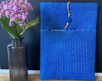 iPad mini pouch in linen dyed with natural indigo, sashiko embroidery.