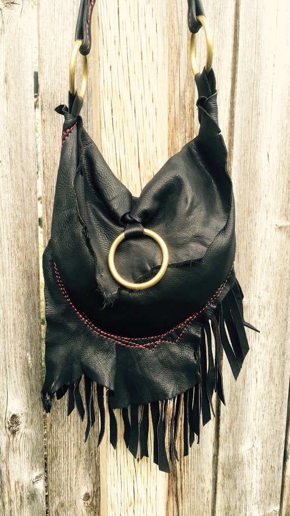 black leather fringe bag