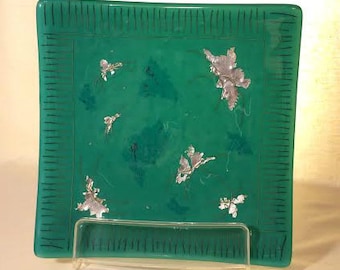 Square fused glass plate. Opaque teal fused glass & clear fused glass w/ metal inclusions. 8" square.  (283x)