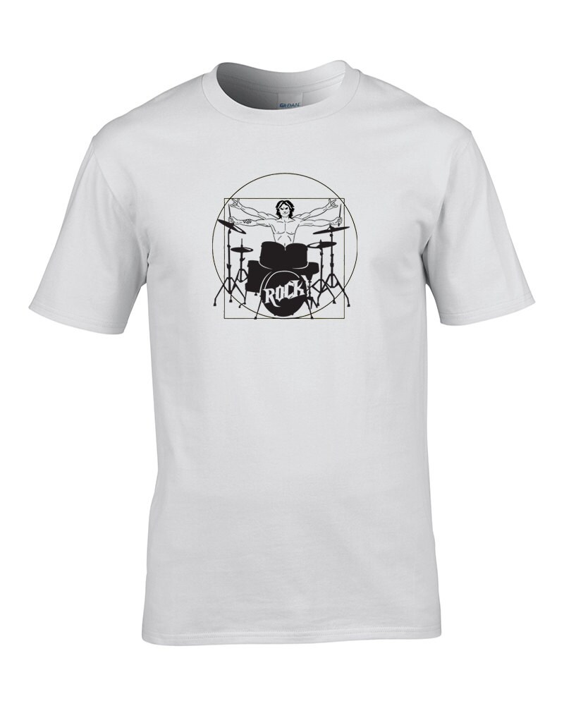 Image of Divinci Drummer- Vitruvian Drum Man- Spoof Men's T-Shirt From Fatcuckoo - Mts1043 Ideal For Rock Fans, Classic Crew Neck, 100% Cotton