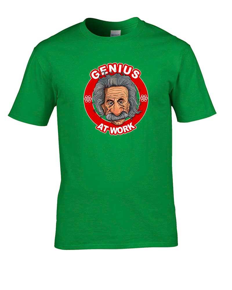 Image of Einstein- Genius At Work- Top Scientist, Theoretical Physicist, General Relativity Geek Hero Comic Caricature Men's T-Shirt - Mts2251