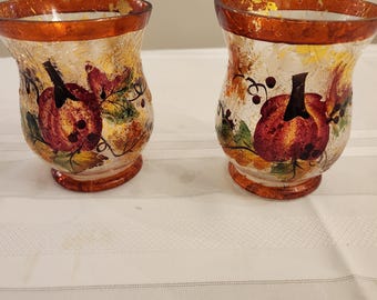 1 paio di vasi/portacandele autunnali in vetro craquelé vintage