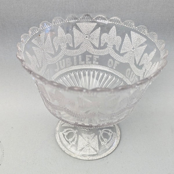 Victorian glass bowl, antique trifle bowl, compot, Royal memorabilia, Royal family, Queen Victoria's Golden Jubilee, 1887, jubilee, royalty