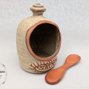 Vintage Tremar Stoneware Salt Pig with Wooden Spoon, Studio Pottery Earthenware