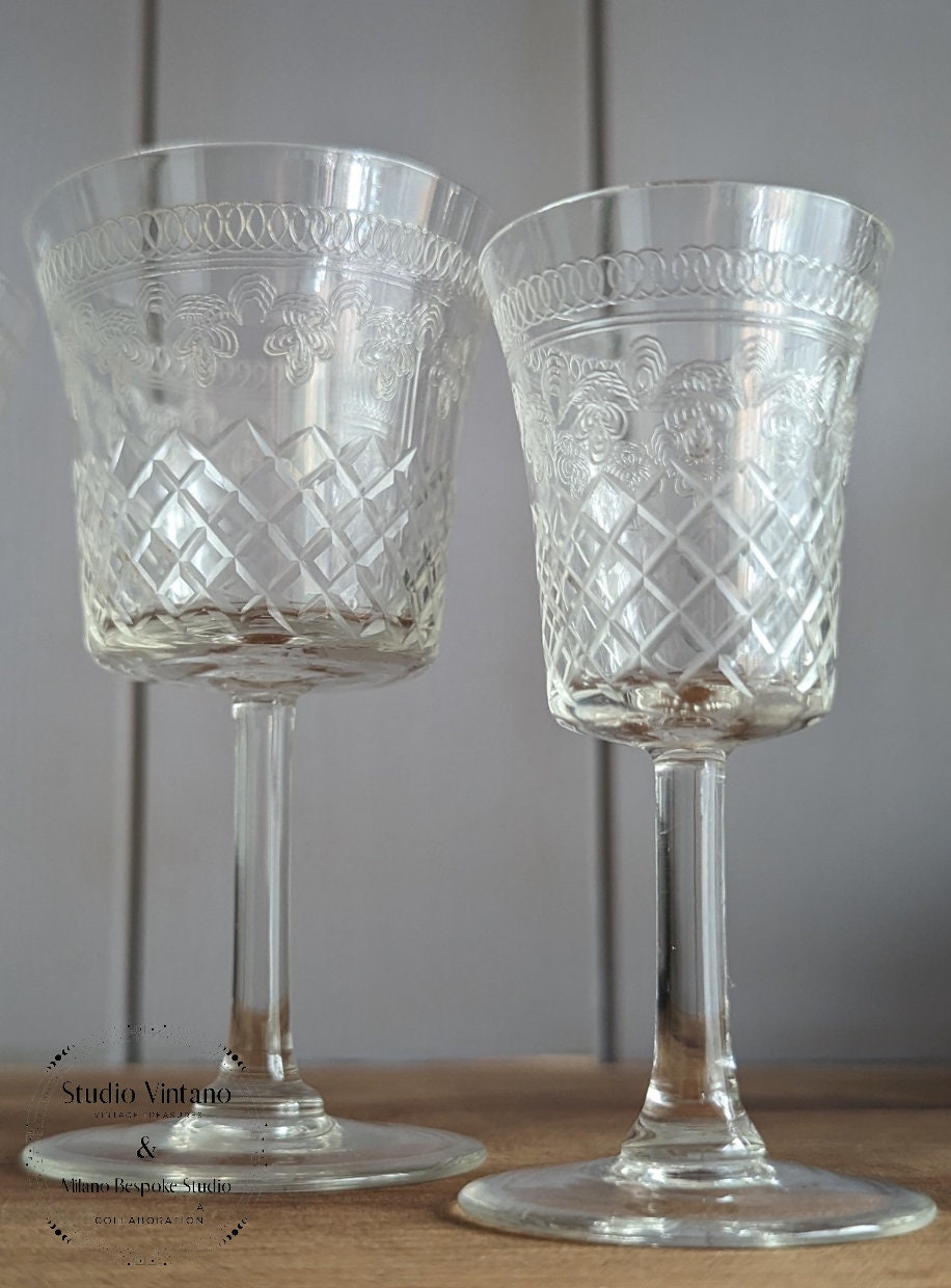 Edwardian Pall Mall Lady Hamilton Etched Drinking Glasses, Antique