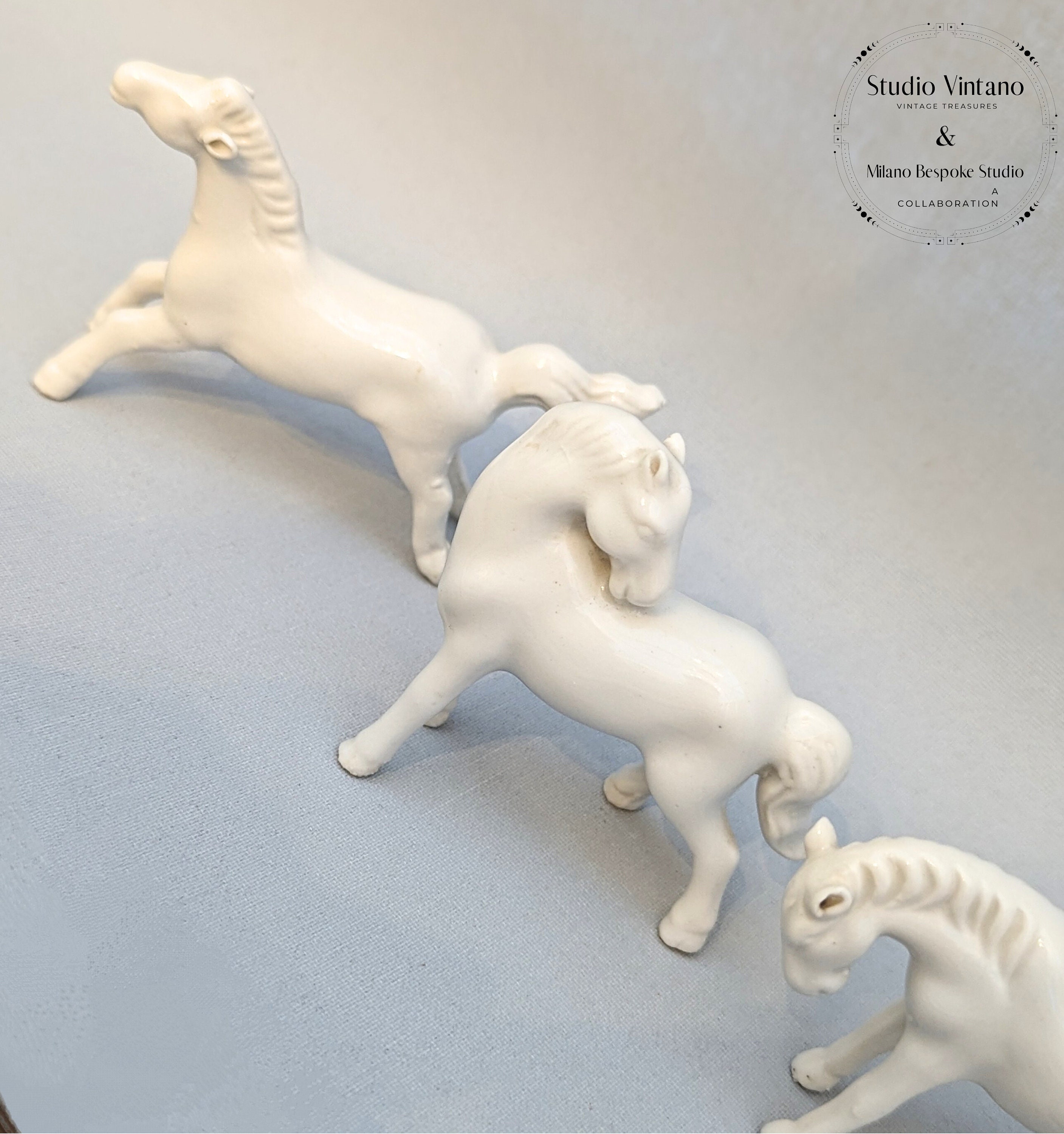 Vintage Miniature White Horse Figurines, Blanc De Chine