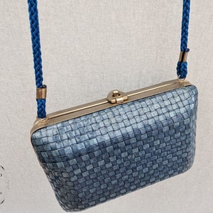 Vintage Italian bag, hinged box bag, hinged handbag, vintage bag, blue bag, 1980s, Italian, vintage fashion, accessories, blue accessories