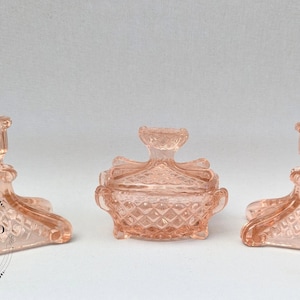 Art Deco glass vanity set, ring holder, ring dish, trinket dish, candles, candle stick holders vintage glamour, makeup, dressing table, 1920