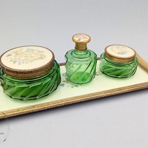 Regent of London 4 piece vanity set, vintage glass, vintage, 1950s, Dressing table, vanity set, vintage makeup, powder puff, perfume bottle