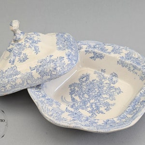 May include: A vintage, off-white porcelain serving dish with a lid, adorned with a blue floral pattern. The dish has a unique shape and a decorative handle on the lid. The floral design is repeated on the dish and lid.