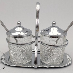 Vintage Jam Pots Caddy Set, Mid Century Pressed Glass Conserve Jars