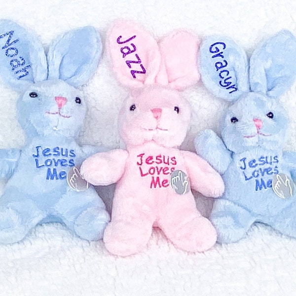 Musical Easter Bunny Personalized - Jesus Loves Me Stuffed Animal Easter Plush Pink or Blue- Custom Christian Easter gift - Basket Filler