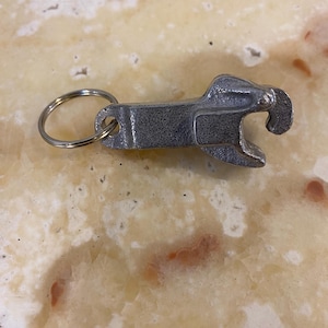 May include: A silver-colored bottle opener with a key ring attached. The opener has a textured surface and a curved design for leverage. The key ring is made of silver-colored metal. The opener is designed to open bottles.