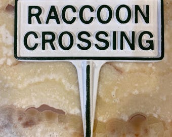 Raccoon Crossing Garden Sign – Cast Aluminum Yard Stake, Handmade in Hanover PA