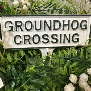 May include: A white sign with the words "GROUNDHOG CROSSING" in black lettering. The sign is surrounded by green foliage and small white flowers, creating a natural, decorative look. Perfect for garden decor.