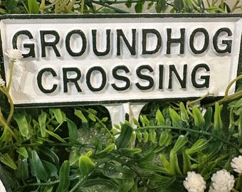 Groundhog Crossing Garden Sign – Cast Aluminum Yard Stake, Handmade in Hanover PA, Rust-Proof Outdoor Decor