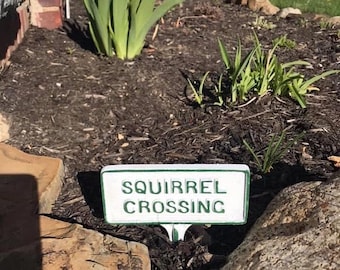 Squirrel Crossing Garden Sign – Cast Aluminum Yard Stake, Handmade in Hanover PA, Rust-Proof Outdoor Decor