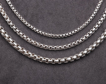 Silver Round Box Chain,  Sterling Silver Chain, Oxidized Round Box Chain Necklace, Box Chain Necklace For Men, 3mm, 4mm, 5mm