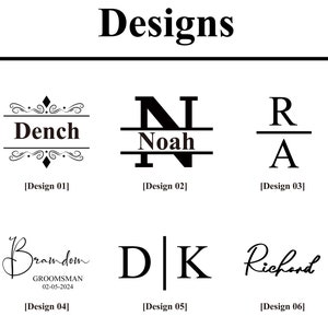 Puede incluir: Seis dise&ntilde;os diferentes para regalos personalizados. Los dise&ntilde;os presentan nombres e iniciales en varios estilos, incluyendo un monograma dividido, una fuente de escritura y una fuente de bloque cl&aacute;sica. El texto "Designs" est&aacute; en la parte superior de la imagen.