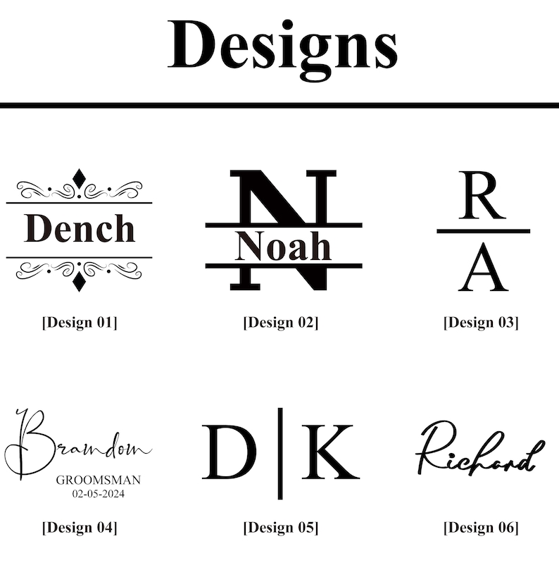 Puede incluir: Seis dise&ntilde;os diferentes para regalos personalizados. Los dise&ntilde;os presentan nombres e iniciales en varios estilos, incluyendo un monograma dividido, una fuente de escritura y una fuente de bloque cl&aacute;sica. El texto "Designs" est&aacute; en la parte superior de la imagen.