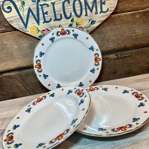 May include: Three white ceramic plates with a floral design in red, blue, and yellow, and gold trim. The plates are a round dinner plate and two oval serving dishes. A wooden sign with the word "WELCOME" is in the background.