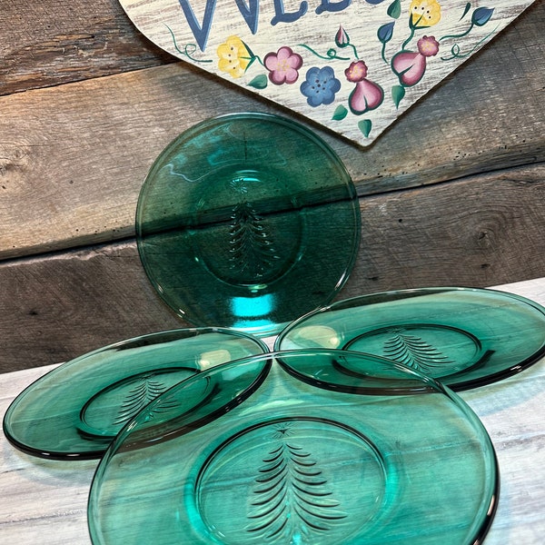 GORGEOUS Set of 4 (Four) Holiday Green Pattern Glass SALAD PLATES by Indiana Glass, Christmas Tree Plates, Christmas Party, Christmas Dinner