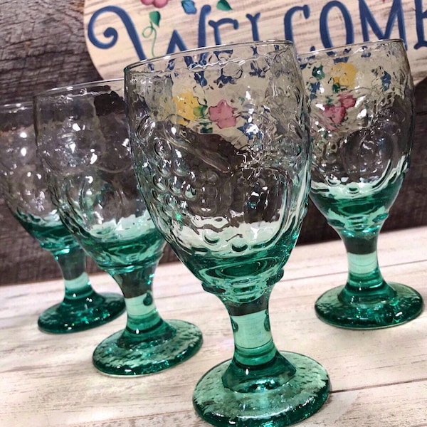 Set of 4 (Four) Orchard Fruit-Green WATER Goblets by Libbey Glass Company, weddings, receptions, cottage, cabin