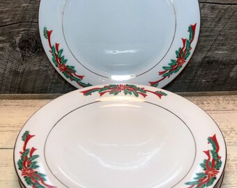 Set of 4 (Four) Salad/Dessert PLATES in the Poinsettia & Ribbon by FAIRFIELD/TIENSHAN, Christmas Dishes, Holiday Table,
