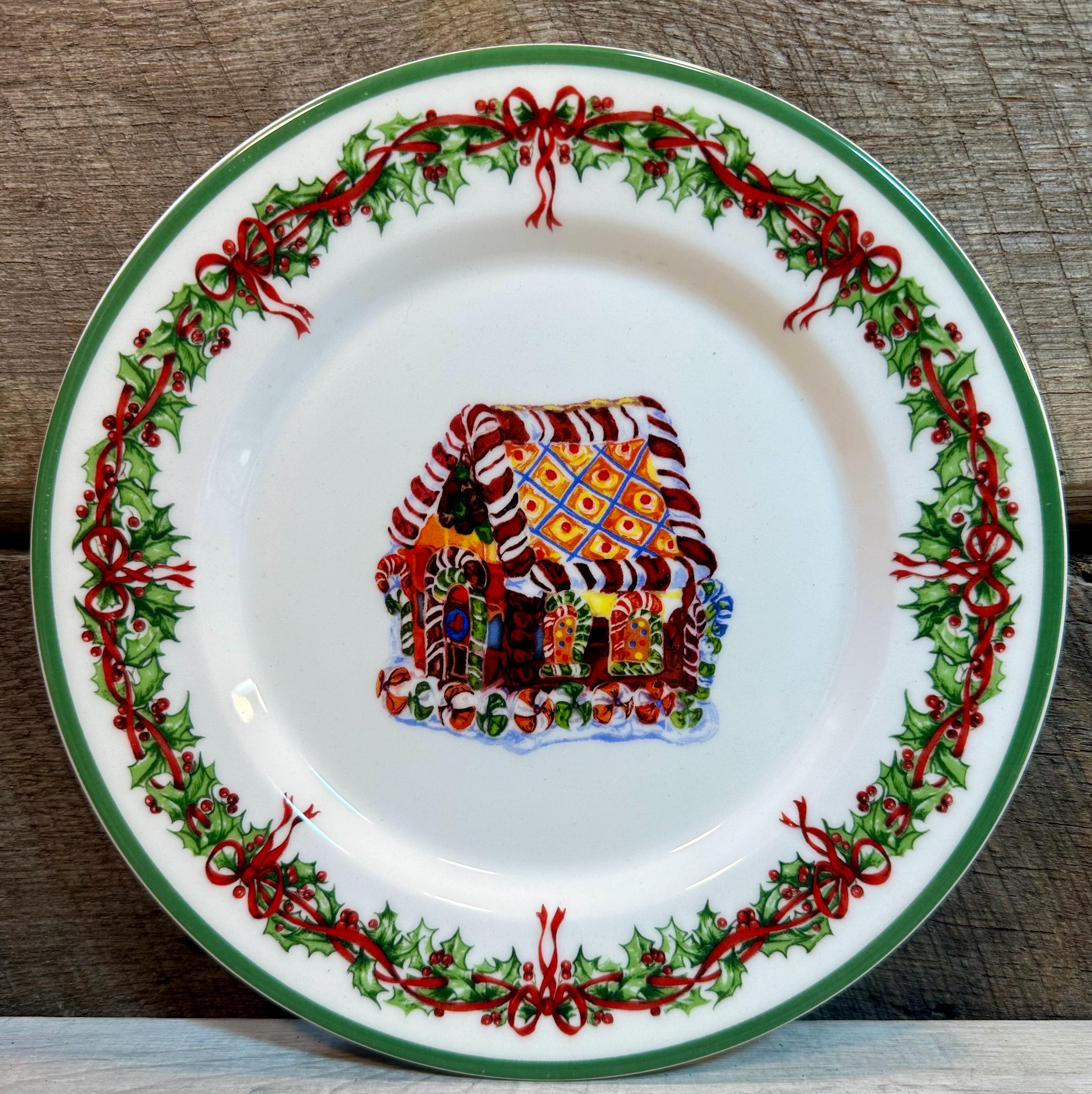 Set of 4 (Four) SALAD PLATES in the Holiday Celebrations (Green Trim) Pattern by Christopher Radko, Santa, Boot, Gingerbread House, Snowman,