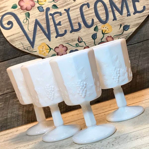 Set of 4 (Four) GORGEOUS Westmoreland Paneled Grape Milk Glass WATER Goblets, vintage kitchen, farmhouse decor, cottage, wedding
